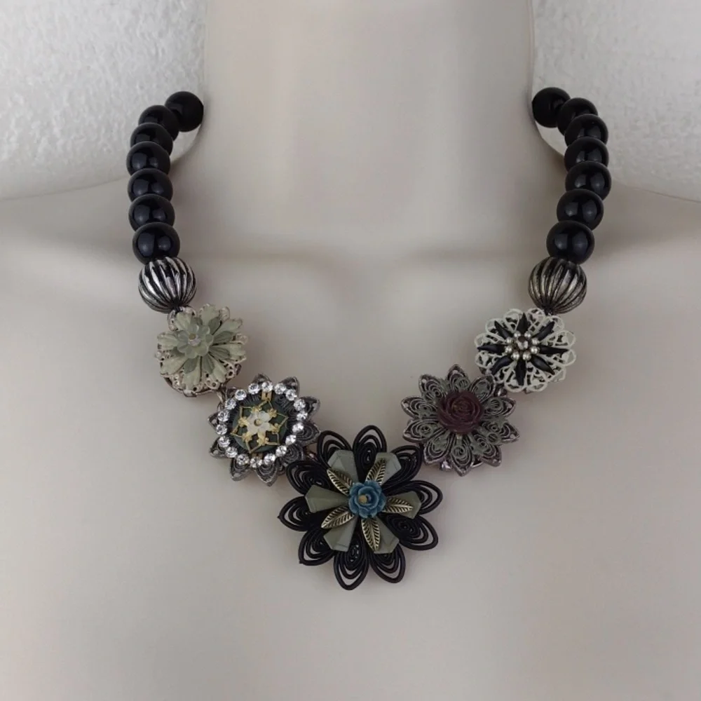 Vintage Mixed Metal Highly Crafted Varied Flower Pendants Black Bead Necklace